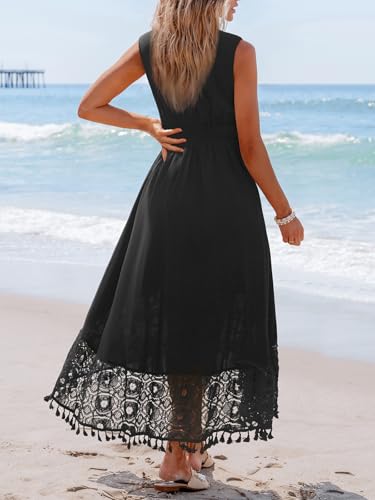 Image of CUPSHE Women's Maxi Dress V Neck Sleeveless Lace Tassel Smocked Waist Cover Up Beach Formal Long Dress