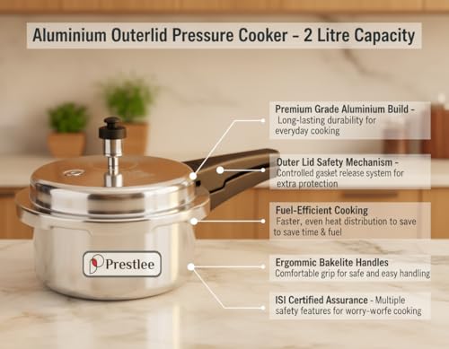 Image of Prestlee Aluminium 2 Litres Pressure Cooker | Outer Lid | Faster & Healthy Cooking | Gas Stove Compatible | ISI Certified | 5 Years Manufacturer's Warranty | Silver