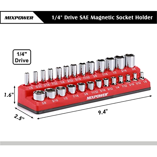 Image of MIXPOWER 1 /4 inch SAE Magnetic Socket Organizer, Holds 13 Piece Shallow Socket and 13 Piece Deep Sockets, Total 26 Slot, Red, SAE, Magnetic, Heavey Duty