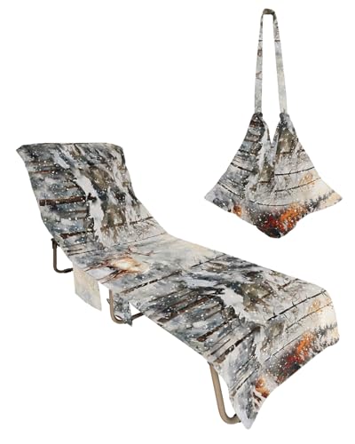 Winter Christmas Beach Chair Towel Covers for Chaise Lounge with Side Pocket, Soft Plush Pool Towels Cover for Patio Sunbathing Outdoor 29''x85'' Forest Snowy Elk Pine Tree