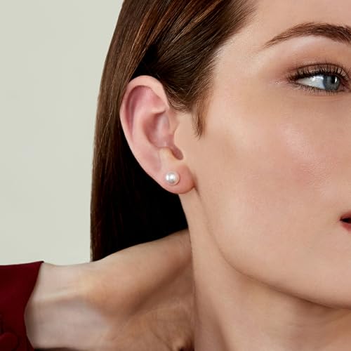 THE PEARL SOURCE 14K Gold 8-9mm Round White Freshwater Cultured Pearl Stud Earrings for Women