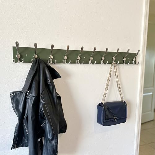 Image of SKOLOO Creations Forest Green Solid Wood Wall Mounted Coat Rack, 10 Hooks, 38-1 /8 inch Long - Kitchen, Mudroom, Entryway, Bathroom - Includes Mounting Hardware, Wall Coat Hanger, Towel Rack, Pack of 2