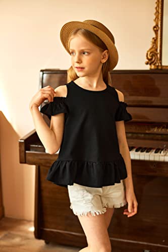 Arshiner Girls T-Shirts Short Sleeve With Cold Shoulder Ruffle Hem Blouse Cute Floral Print Tee Tops #TOP4