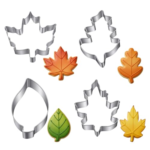 Thinp 4 Pcs Leaf Cookie Cutter Set, Fall Cookie Cutter Stainless Steel Maple, Oak Leaf Shapes Biscuit Molds Holiday Themed Cookies Cutters For Thanksgiving Christmas Birthday Party Decorations