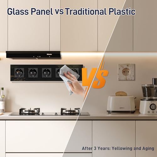 BSEED Schuko Steckdose Steckdosenleiste 5 Fach Kristall Glas Platte Steckdose Glas Schuko Fünffach Steckdose 16Amp Steckdose 370mm Schwarz Verlängerungssteckdosen Mehrfachsteckdose Wandsteckdose