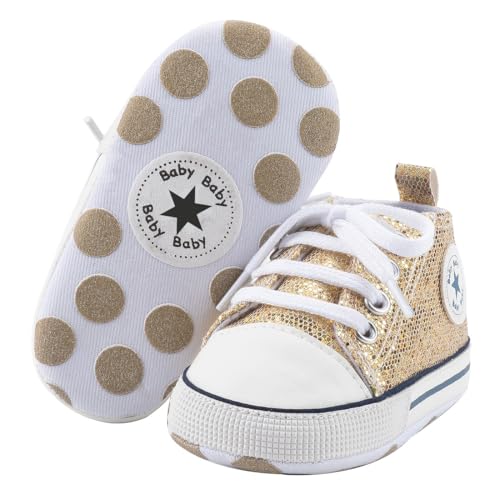 Image of Unisex Baby Girls Boys Canvas High-top Shoes, Newborn Infant Anti-Slip Soft Sole Frist Walking Breathable Sneakers