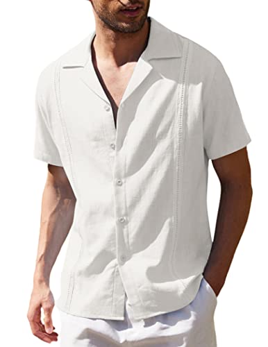 COOFANDY Men's Short Sleeve Button Down Linen Shirt Slim Fit Summer Cuban Shirts A - White