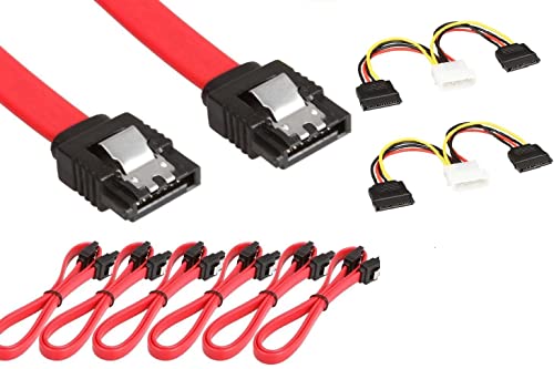 Sata Cable TXLOVE 10 Inch SATA III 6.0 Gbps Data Cable with Locking Latch + 2 Pack 6-Inch/15CM 4pin to 15pin SATA Power Splitter Cab (Red 6Pack Sata Cable+2Pcs SATA Power Splitter Cable)