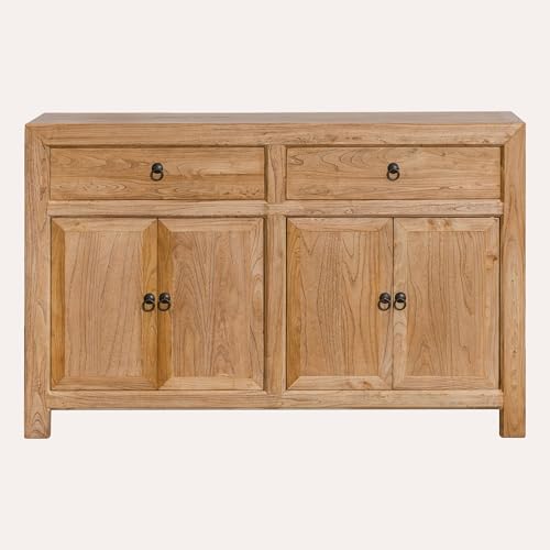 KEYHOME - Aparador de madera natural estilo vintage con 2 puertas y 4 cajones, 150 x 40 x 90 cm