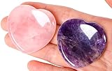 QINJIEJIE 2PCS Rose Quartz Crystals Heart Stones Amethyst Hearts Crystal Worry Stones for Anxiety Thumb Palm Polished Gemstone Pocket Gem Reiki Hearts Gifts Valentine's Day Gifts for Women