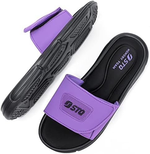 STQ Womens Memory Foam Slide Sandals Comfort Aqua Orthopedic Slides Adjustable Sport Sandals with Soft Cushion Footbed Black Purple, 7 US