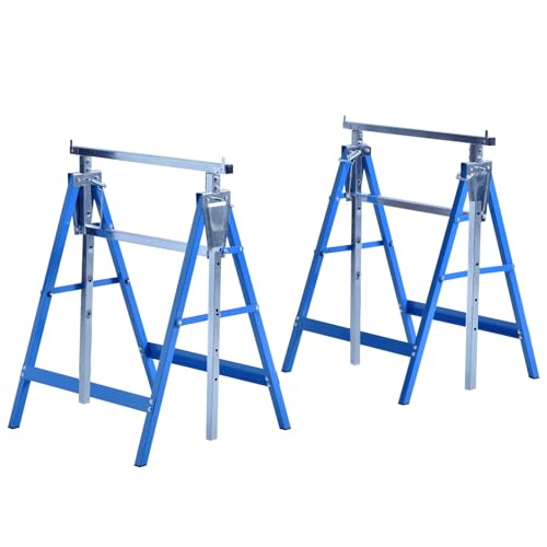 HOMCOM Set de 2 Caballetes Telescópicos Plegables con Altura Ajustable Caballetes de Sierra de Acero para Mesa y Trabajo de Bricolaje Carga 200 kg 68x58x80-130 cm Azul