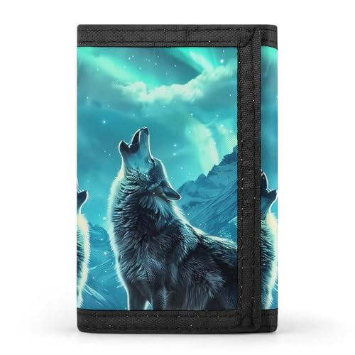 Howling Wolves Moonlight Trifold Wallet for Men Women Wallets with 8 Card Slot Photo Window Key Ring Zippered Pockets