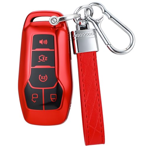 Suitable for Ford Key Fob Cover with Keychain Soft TPU Full Protection Key Fob Case for Ford Fusion Mustang F150 Edge Explorer Lincoln MKZ MKC MKX Remote Key (Type A red Key Case + key chain)