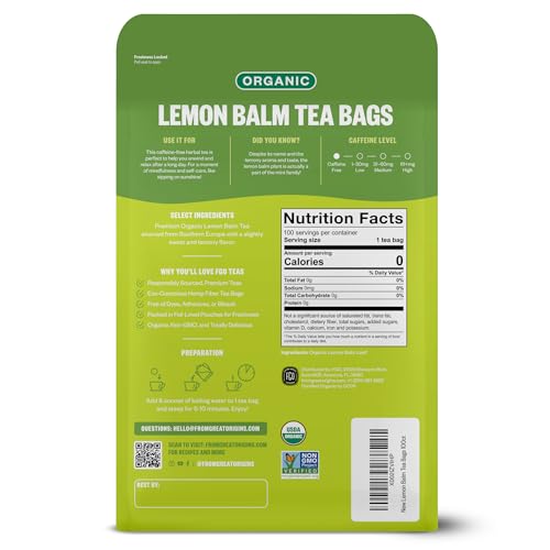 Image of FGO Organic Lemon Balm Tea, 100 Count, Eco-Conscious Herbal Tea Bags, Resealable Bag, Caffeine Free, Packaging May Vary (Pack of 1)