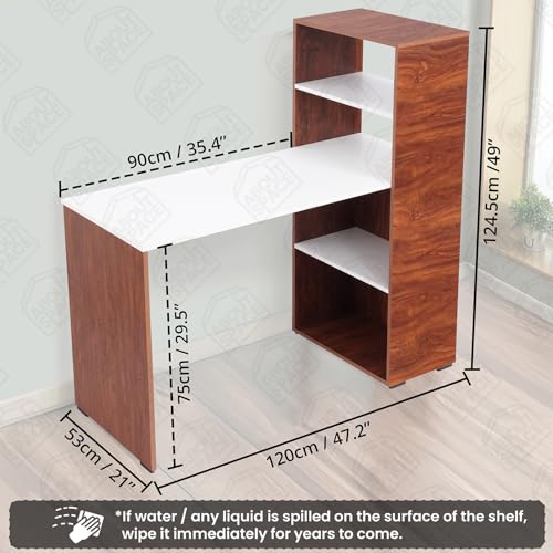 Image of ABOUT SPACE Study Table with 4 Tier Book Shelf - Computer Table with Storage for PC, Laptop & Writing DIY Engineered Wood Office Table for Home [White & Oak Red L 120 x B 53 x H 124.5 cm]