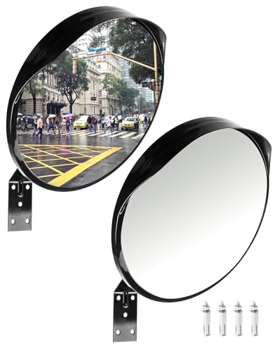 QWORK 2 Pack 12' Adjustable Convex Security Mirror - Wide Angle View for Indoor & Outdoor Use - Safety Mirror for Driveway, Garage, Store and Office - Weather Resistant Acrylic Material, with Screws
