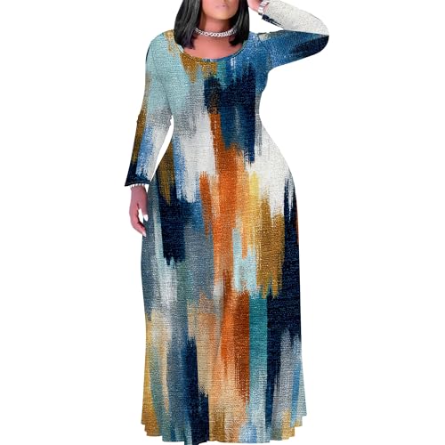Image of PinkPatty Plus Size Maxi Dress for Curvy Women Crew Neck Long Sleeves Casual Dress Vacation Sundresses with Pockets