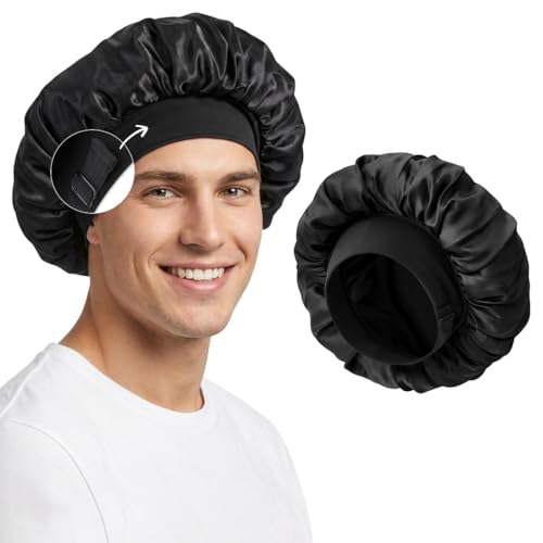 LEADUWAY Large Satin Bonnet for Sleeping Men Double-Layer Hair Bonnet with Adjustable Buckle Sleep Cap for Curly Natural or Textured Hair One Size Black