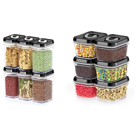 DWËLLZA KITCHEN 6 Clear Airtight Food Storage Containers for Pantry and 6 Small Pantry Container for Spices, Candy, Nuts, Coffee and Tea (Black Lids) Cover