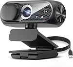 2K Webcam with Microphone, Noise Cancellation, Privacy Cover, Wide-Angle Lens, Auto Light Correction, Plug & Play USB Webcam for Laptop, Desktop, PC, Mac, Zoom, Skype, Streaming