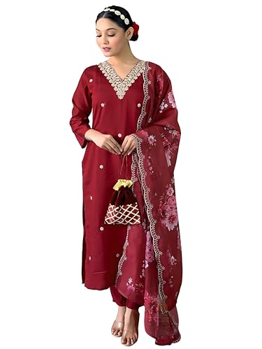 Image of Naixa Women's Red Viscose Silk Embroidered Straight Kurta with Viscose Silk Pant and Organza Printed Dupatta Sets