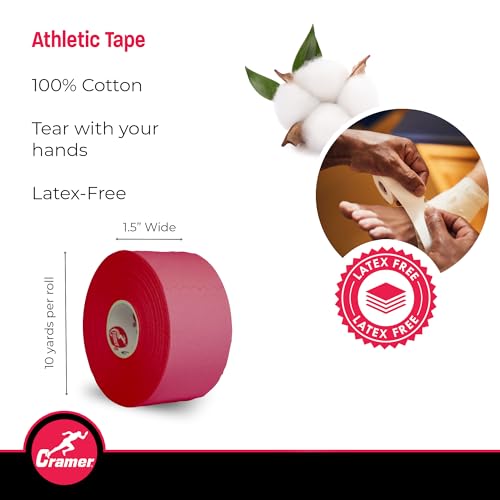 Image of Cramer Team Color Athletic Tape, 1.5 inch x 10 Yards Red, Easy Tear Sports Tape for Ankle, Wrist & Knee, Latex-Free Adhesive, Strong Support, Athletic Training Tape Roll