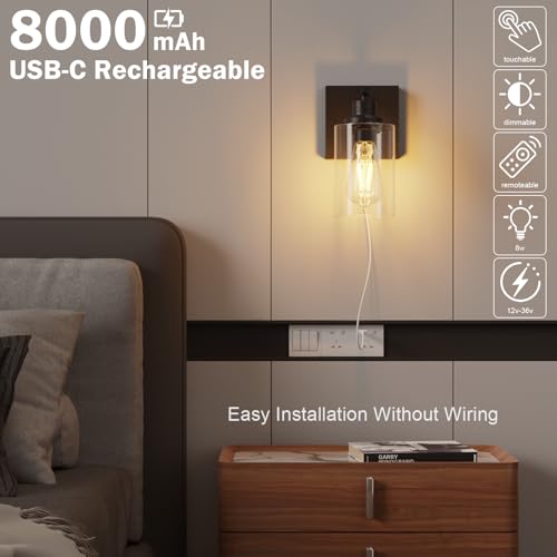 Image of Battery Operated Wall Sconce Set of 2, Farmhouse Rechargeable Wall Lights with Remote & Timer, 8000mAh, 3 Colors Touch Dimmable Wireless Wall Sconces for Living Room Bedroom Stairs Decor
