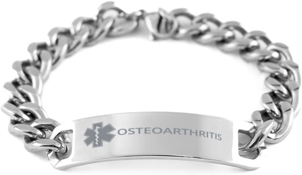 Medical Alert Cuban Chain Stainless Steel Bracelet, Osteoarthritis Awareness, SOS Emergency Health Life Alert ID Engraved Stainless Steel Jewelry Silver Bracelet for Men Women Kis