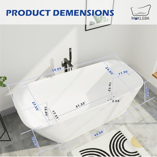 Image of 59 inch Acrylic Freestanding Bathtub, Single Slipper Free Standing Tub, Soaking Tub with Integrated Slotted Overflow, Toe-Tap Chrome Drain, cUPC Certified, Glossy White