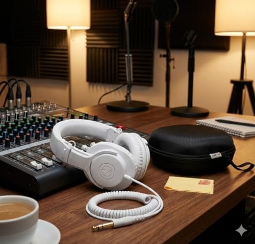 Image of Audio-Technica ATH-M20xWH Professional Monitor Headphones - White Bundle with Case and Austin Bazaar Polishing Cloth