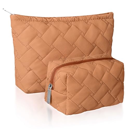 Huhumy 2 Pc Christmas Gift Makeup Bag Set Cute Quilted Cosmetic Pouch for Women Travel Toiletry Bag Preppy Small Makeup Purse Pouch Skincare Brushes Storage Organizer Pencil Case Set(Brown)