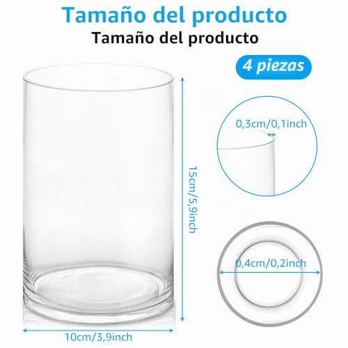 4 jarrones de cristal cilíndricos de 15 cm con base estable para decoración 3