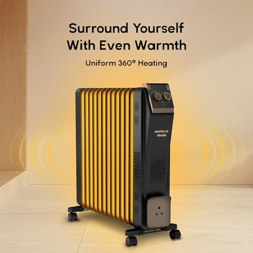 Image of Havells 13 Fin Oil Filled Room Heater (OFR) | Advanced New U-Tech Fast Heating Fins with 10-Year Warranty | 2900W | ISI Approved | PTC Fan Heater | Inclined Control Panel | Black