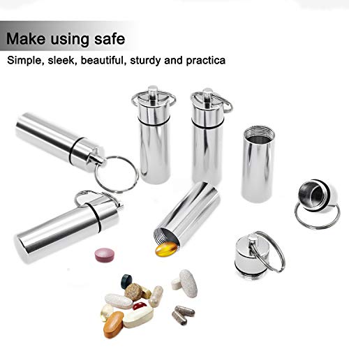 TEESHLY 6 Pcs Pill Box with Keychain, Aluminum Waterproof Pill Case Organizer Drug Storage Holder Container for Outdoor Travel Camping (Flat Bottom, Silver) - Thumbnail 3