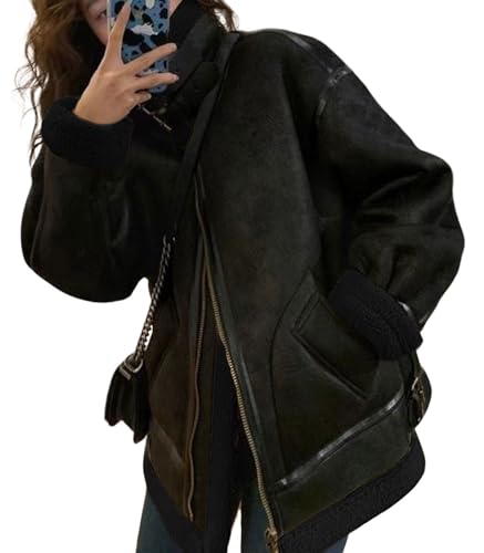 loveimgs Women Oversized Faux Suede Moto Jacket Sherpa Fleece Lined