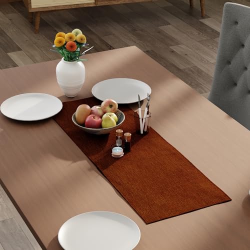 Image of Encasa XO Dining Table Runner for 4 to 6 Seater | 32x91 cm | Rust Orange | Chenille Fabric | Machine Washable