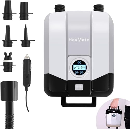HeyMate Paddle Board Pump 20PSI High Pressure SUP Pump Portable Electric Air Pumps for Kayak, Tent, Boat, Ball Dual Stage Inflation & Auto Stop, 12V DC Car Connector