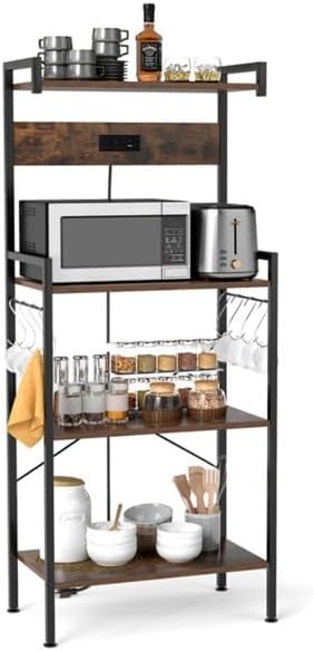 4-Stage Kitchen Rack with Power Socket, Freestanding Wood-Metal Microwave Stand, Multifunctional Shelf for Home, Dining Room & Coffee Shop Storage Solutions