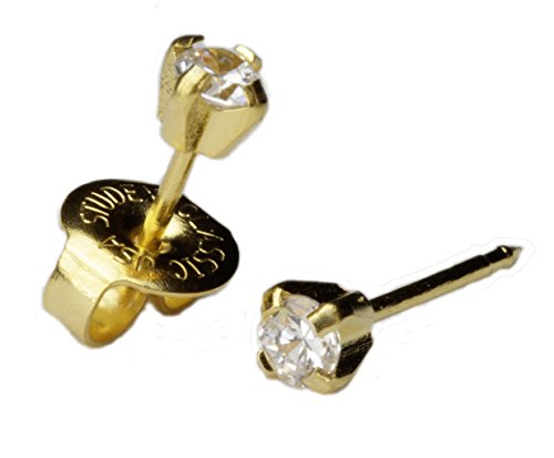 Long Post 14kt Yellow Gold 3mm CZ Cubic Ear Piercing Earrings Studex System 75