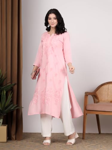 Image of Women Pink Ethnic motifs Embroidered Lucknowi Chikankari Long Kurti