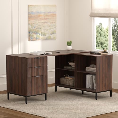 Image of EYYTHUNG L Executive Desk with Storage Cabinet, 60 inch Fluted Modern Flexible Home Office Desk, Large Wood Convertible Computer Standing Up Desk with File Drawer, Writing Desk, Brown
