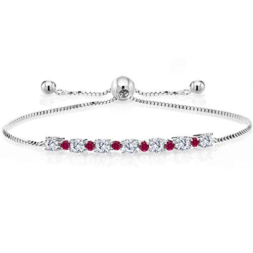 Gem Stone King 1.00 Cttw Round 3MM Lab Grown Diamond & 1.7MM Red Created Ruby 925 Sterling Silver Adjustable Tennis Bracelet for Women Up to 9 Inch
