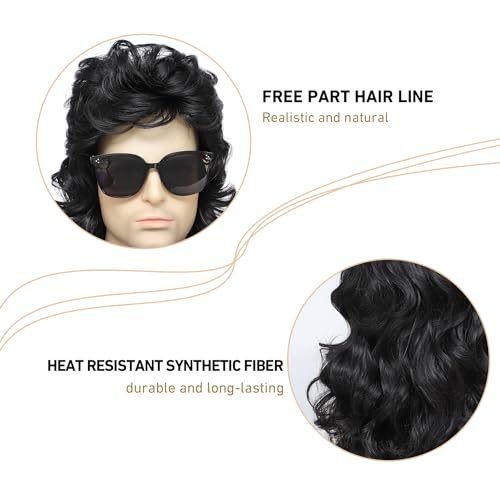 Image of Men's 70s 80s Rock Mullet Wig, Black Wavy Mullet Wig with Sunglasses & Comb for Halloween Costume Party (Black)