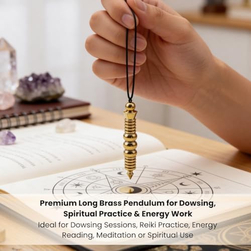 Image of Plus Value Supreme Long Metal Brass Dowsing Pendulum for Reiki, Feng Shui, Energy Dowsers, Vastu Experts, Prediction Yes /No (4 Premium Charts, Jute Bag, Gold)
