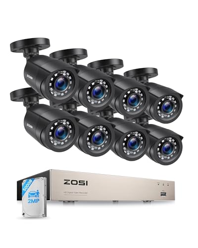 ZOSI 1080P Kit Cámaras de Vigilancia 8CH 2MP DVR Sistema con 500GB Disco Duro y 8 Cámara de Seguridad Cableada Interior y Exterior para Hogar y Negocio, Detección de Personas, Visión Nocturna Clara