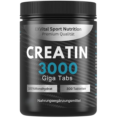 Creatin 3000 Giga Tabs, 3450mg Creatin Monohydrat pro Tagesdosis, 300 vegane Tabletten, Alternative zu Kreatin Kapseln & Pulver, Training, Sport, Fitness