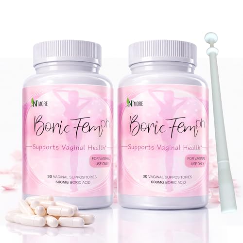 Image of N'More Vaginal Boric Acid Suppositories with Applicator - 600mg (60 Count), 100% Pure Boric Acid for pH Balance Support & Feminine Odor Control, Made in USA