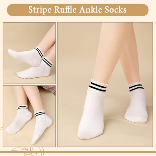 Image of Jspupifip 6 Pairs White Frilly Socks Women Striped Ruffle Socks Woman Cotton Cute White Ankle Socks Breathable Casual Crew Socks for Womens Ladies Girls