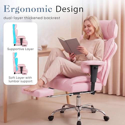 Image of DUMOS Big and Tall Home Office Desk Chair, Ergonomic Executive Chair with Footrest, Computer Gaming Chairs with High Back Reclining, Adjustable Armrests and Comfy Lumbar Support, PU Leather, Pink